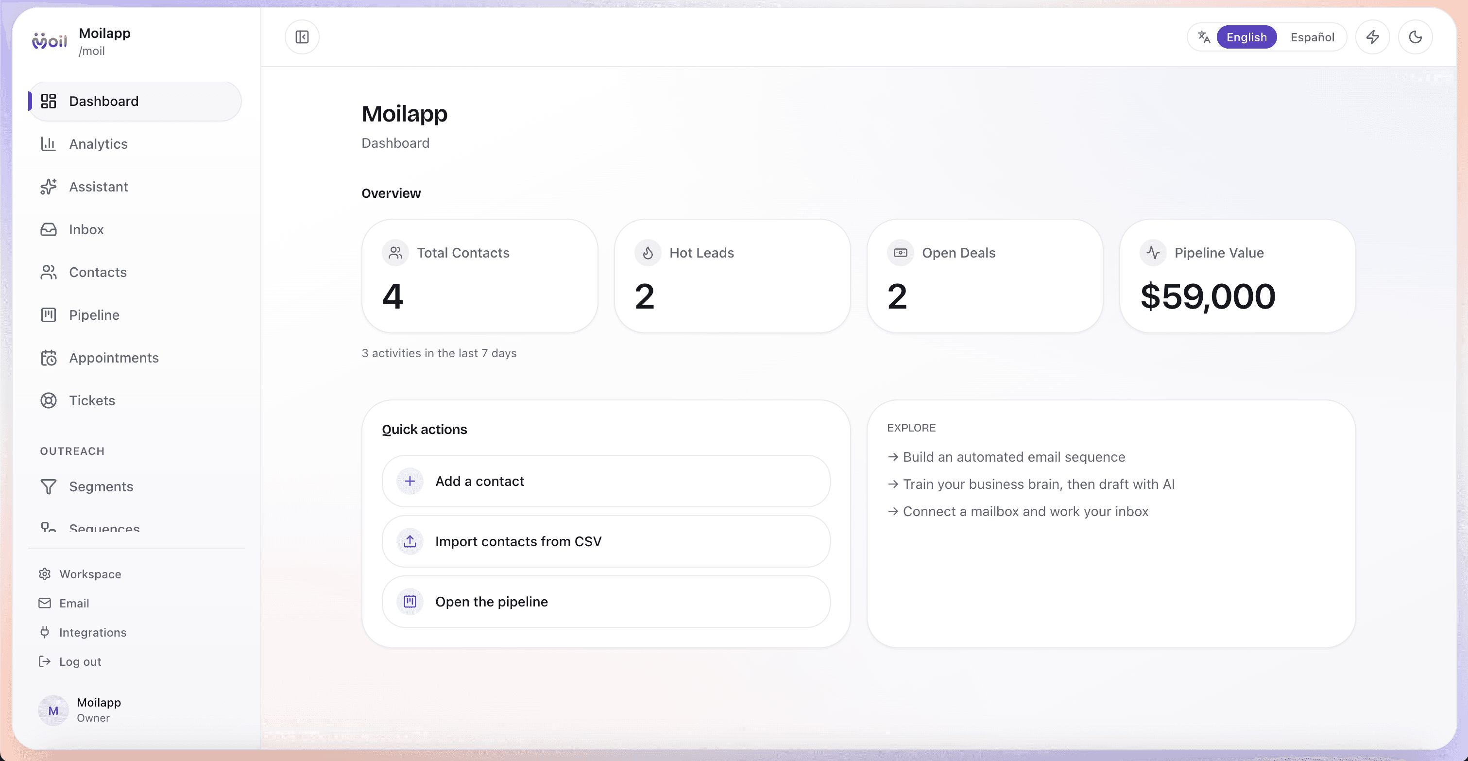 Moil CRM application interface
